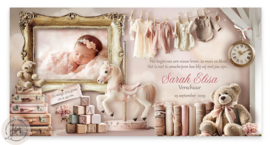 Nostalgisch geboortekaartje met foto meisje met roze  babykamer - GB130P