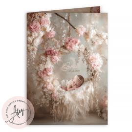 Geboortekaartje met foto met een babyschommel van prachtige bloemen – GB029