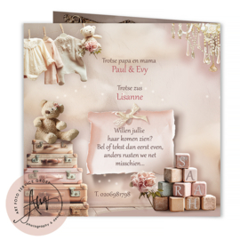 Nostalgisch geboortekaartje met foto meisje met roze babykamer - GB130P