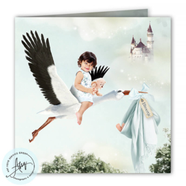 Sprookjes geboortekaartje jongen met ooievaar en broer of zus -GB179B