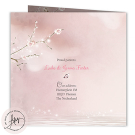 Sprookjes geboortekaartje ooievaar met baby meisje in roze doek - GB784P