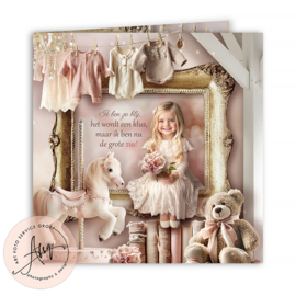 Nostalgisch geboortekaartje met foto meisje met roze babykamer - GB130P