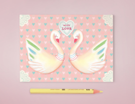 Zwanen Illustratie WITH LOVE HEART SWANS postkaart