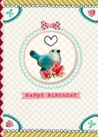 Happy Birthday BLUE BIRD wenskaart met vogel button