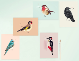 Vogel Illustratie BIRDIES postkaarten - set van 5