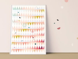 Grafisch dessin poster DOTS AND TRIANGLES - PINK - A3 formaat
