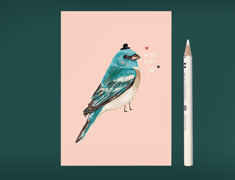 Vogel Illustratie BIRDIE IN BLUE postkaart