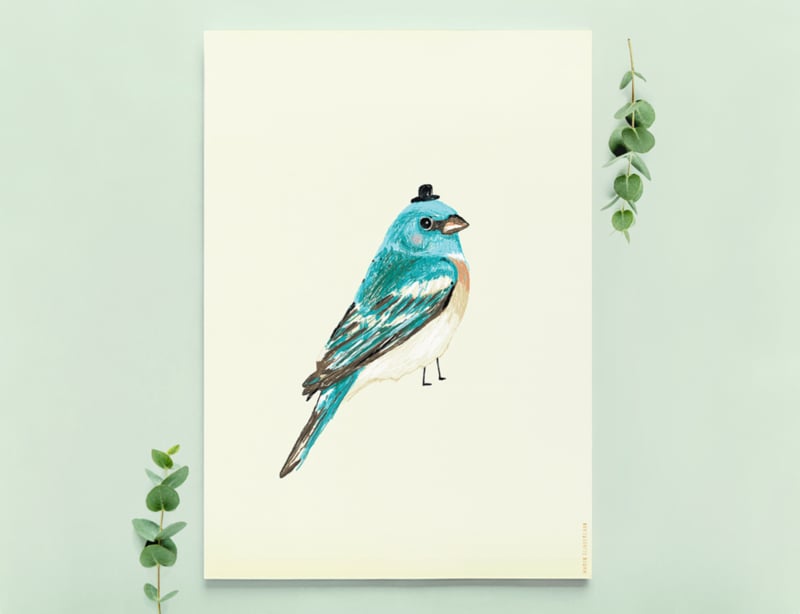 Vogel Illustratie BIRDIE IN BLUE kunst poster - A4 formaat