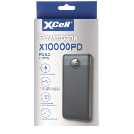 XCell Powerbank X10000PD met 10.000 mAh capaciteit, USB-C PD3.0, snelladen, LED-display, 2x USB-uitgang 1x USB-C-uitgang