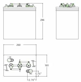 US Battery Deep Cycle Accu US2200 DUAL 6V 232Ah (20hr) 260x181x286/286mm US 2200