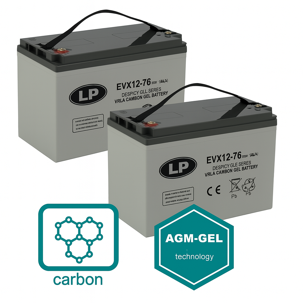 Set 2x Scootmobiel Deep Cycle AGM-GEL-CARBON Accu EVX12076 / EVX12-76 12V 76Ah / 260x168x211/214mm
