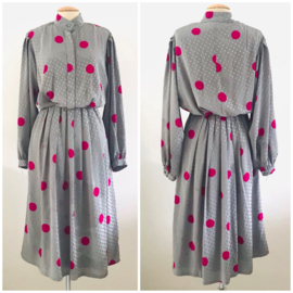 Vintage grijze 80 ties jurk met roze stippen (40)
