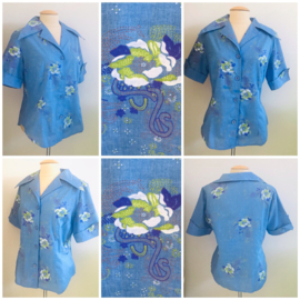 Vintage 70 ties blauwe bloemen blouse (40)