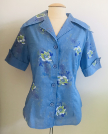 Vintage 70 ties blauwe bloemen blouse (40)