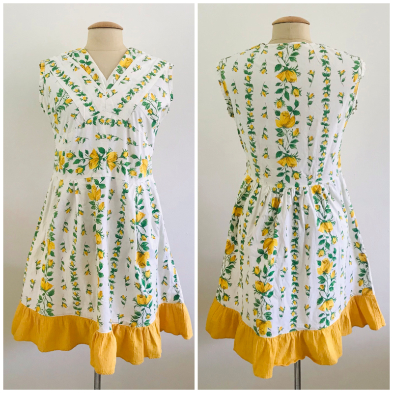 Vintage 70 ties jurk met gele roosjes (38)