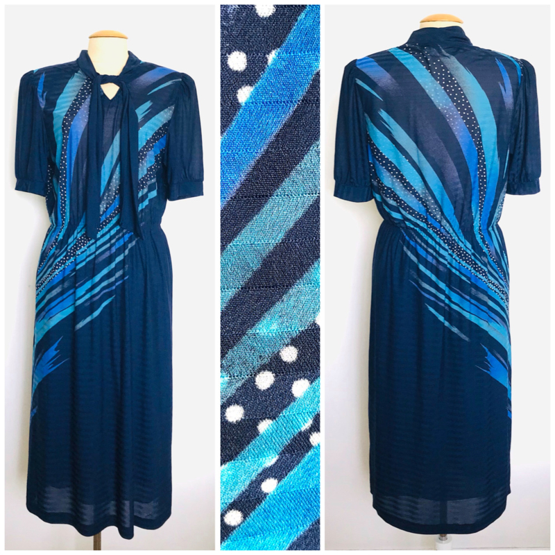 Vintage 80 ties blauwe midi dress (40)