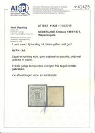 Nvph  14A 1ct  Wapenzegel 1869/1871 Postfris (1) + Certificaat
