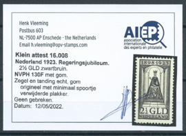 Nvph 130 2½ Gld Jubileum 1923 Ongebruikt (1) + Certificaat