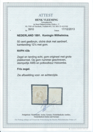 Nvph  43b 50 ct Prinses Wilhelmina (Hangend Haar) Ongebruikt  (1) + Certificaat