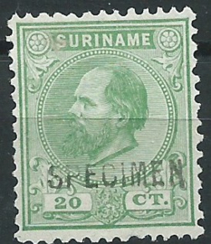 Suriname   9C (12½×12) 20 ct Willem III Ongebruikt + Opdruk SPECIMEN (1)