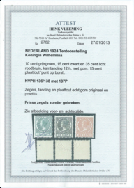 Nvph 136/138 Tentoonstellingzegels Postfris (3) + Plaatfout 137 P en Certificaat
