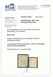 Nvph  43b 50 ct Prinses Wilhelmina (Hangend Haar) Ongebruikt  (1) + Certificaat