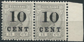 Suriname  30a (Type II) 10ct op 15ct Hulpuitgifte in paar Ongebruikt (1)