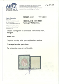 Nvph  74 50 ct  Koningin Wilhelmina Bontkraag Postfris  + Certificaat (1)