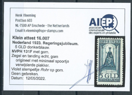 Nvph 131 5 Gld Jubileum 1923 Ongebruikt (1) + Certificaat