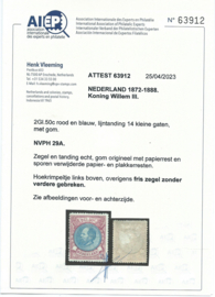 Nvph  29A 2½ Gld Koning Willem III 1872-1888 Ongebruikt (1) + Certificaat