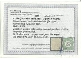 Curaçao Port 18  30ct 1892-1898 Cijfer en waarde in Zwart Postfris + Befund