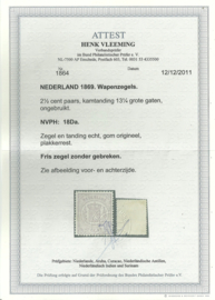 Nvph  18Da 2½ct  Wapenzegel 1869/1871 Ongebruikt + Certificaat