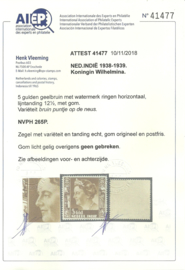 Nederlands Indië 265P 5 Gld Koningin Wilhelmina Postfris + Certificaat