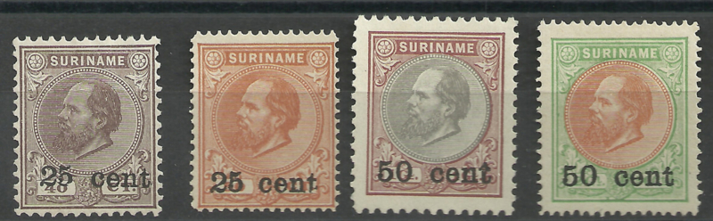 Suriname  37/40 1873-1888 Hulpuitgifte (3) Ongebruikt + Certificaat