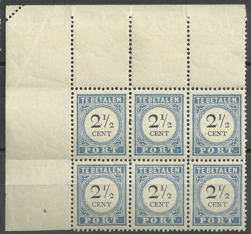 Port  16a 2½ct 1894/1910 Cijfer en Waarde Type III in blok met 2 x  P16b en perforatiefout Postfris + Certificaat