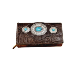 Ganesha - London bruin croco portemonnee met turquoise stenen