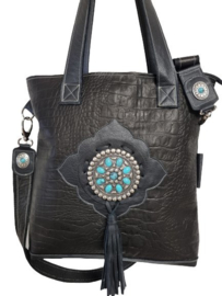 Ganesha - Elisa Zwart Croco Shopper met Turquoise stenen