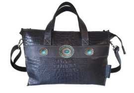 Ganesha - Carmen Zwart Croco shopper met turquoise stenen