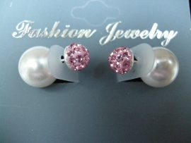 Nieuwe mode Double Dots oorknopjes zilver parel+roze strass