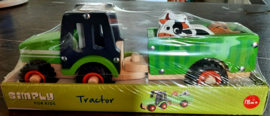Houten tractor met aanhangwagen + paard en koe vanaf 18mnd