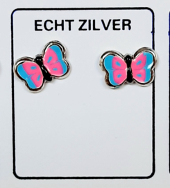 De nieuwste vlinder oorknopjes zilver roze/ blauw