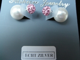 Nieuwe mode Double Dots oorknopjes zilver parel+roze strass