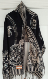 Tibetaanse omslagdoek zwart/ beige -acryl/wol.