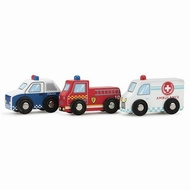 3 delige set houten auto's brandweer/politie en ambulance