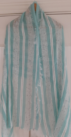Lange katoenen sjaal in mintgroen/gebroken wit en blauw/zilverdraad