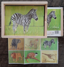 Safari blokken puzzel 12 delig in houten kistje