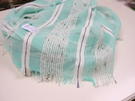 Lange katoenen sjaal in mintgroen/gebroken wit en blauw/zilverdraad