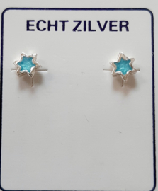 Fijne blauwe sterretjes oorknopjes zilver 4 mm