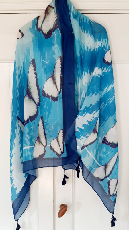 Nieuwe vlinder sjaal blauw/ wit katoen / viscose