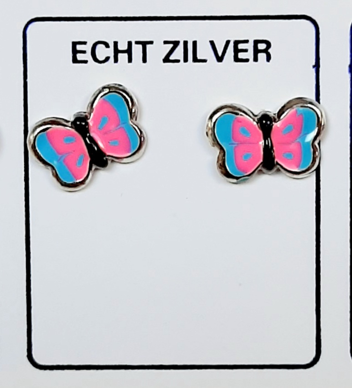 De nieuwste vlinder oorknopjes zilver roze/ blauw
